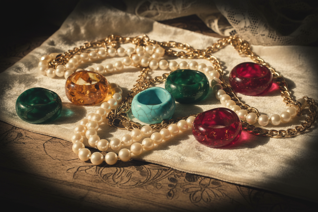 collares de perlas, cadenas doradas y anillos de resina de colores aesthetic