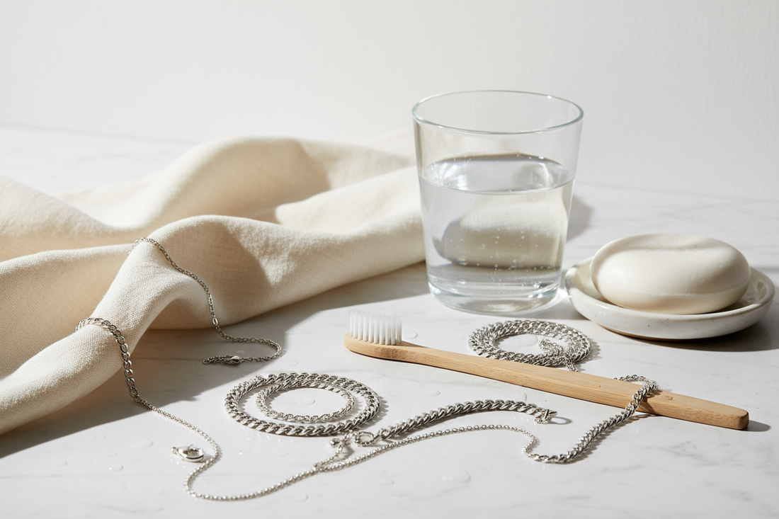 agua y jabón junto a varias cadenas de plata brillantes