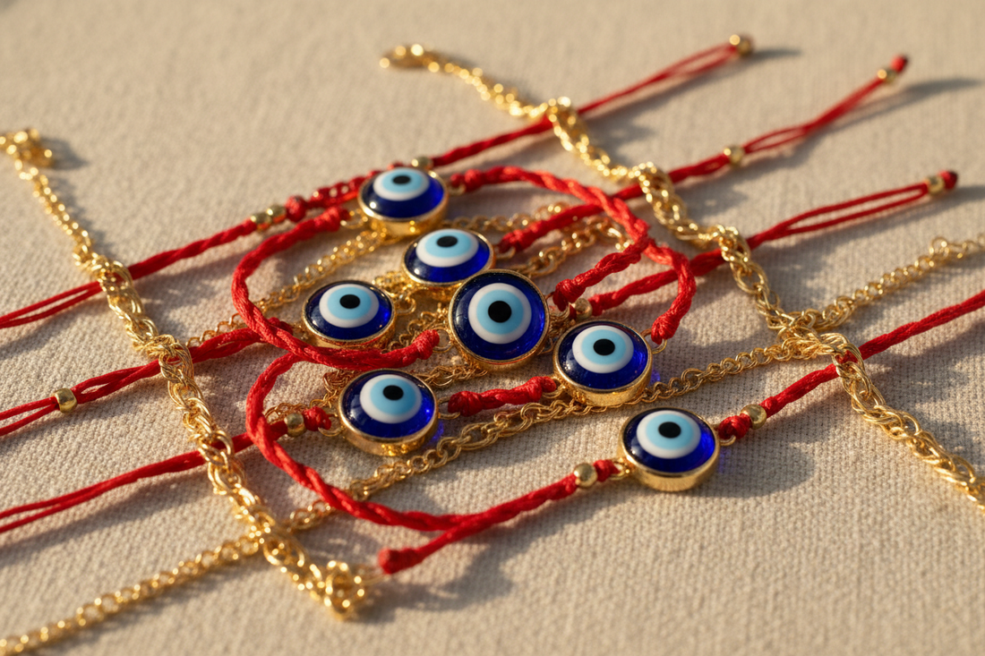 pulseras de hilo rojo y cadenas doradas con el amuleto del ojo turco azul