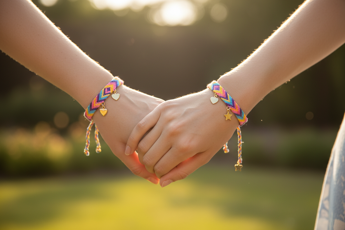 Dos manos entrelazadas luciendo pulseras de la amistad a juego con hilos de colores 