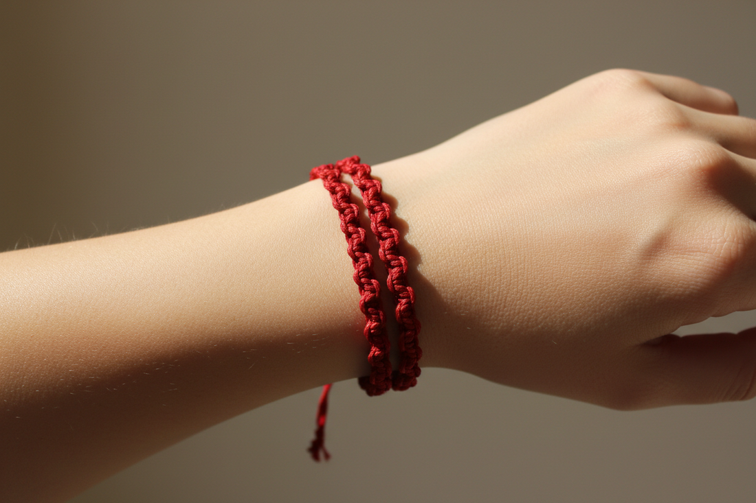mujer vistiendo una pulsera de hilo rojo con siete nudos