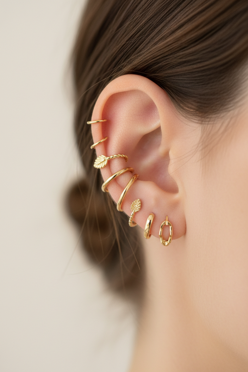 Oreja de mujer luciendo varios pendientes ear cuffs dorados en el cartílago