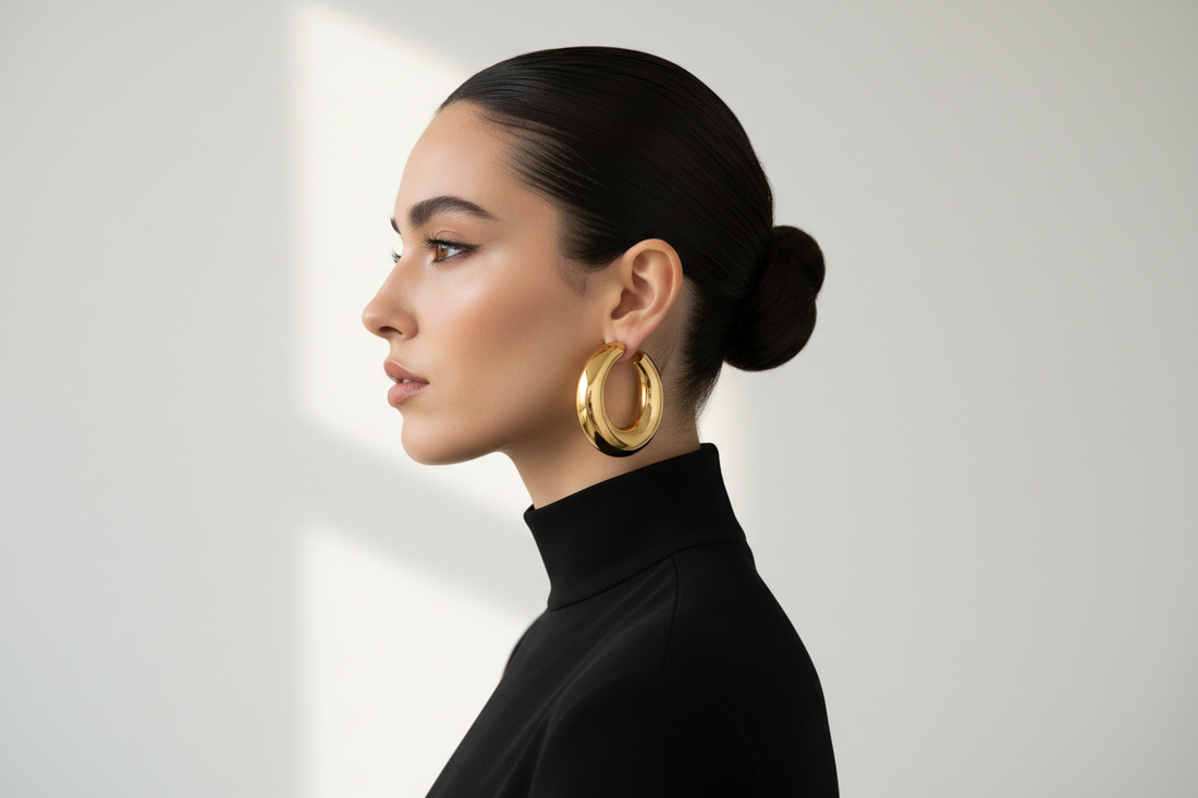 modelo con el pelo recogido en un moño tirante, luciendo unos aros dorados gruesos de gran tamaño