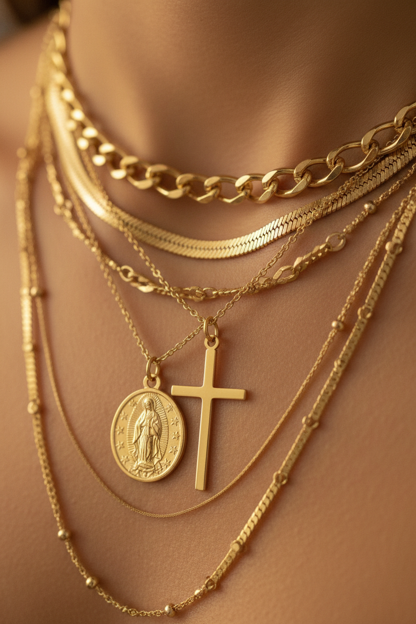 cruz dorada y una medalla de la virgen mezcladas con cadenas básicas
