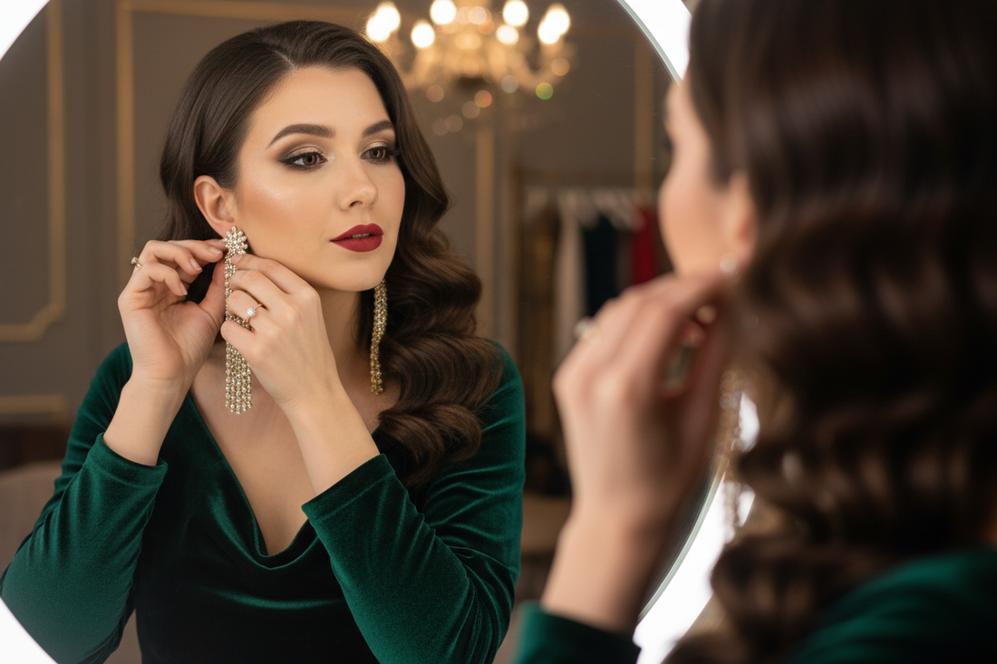 mujer vestida de fiesta colocándose unos pendientes largos dorados con brillos frente a un espejo