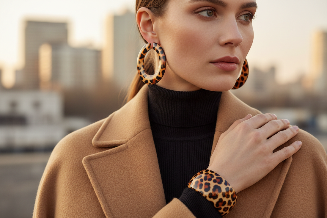 aros de resina con estampado de leopardo y un brazalete ancho a juego