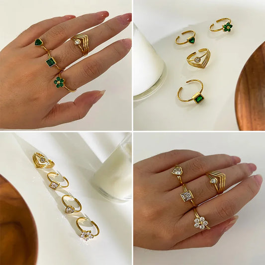 anillo abierto 316l acero inoxidable bañado en oro 18k con pedrería Loyobriyida fondo blanco